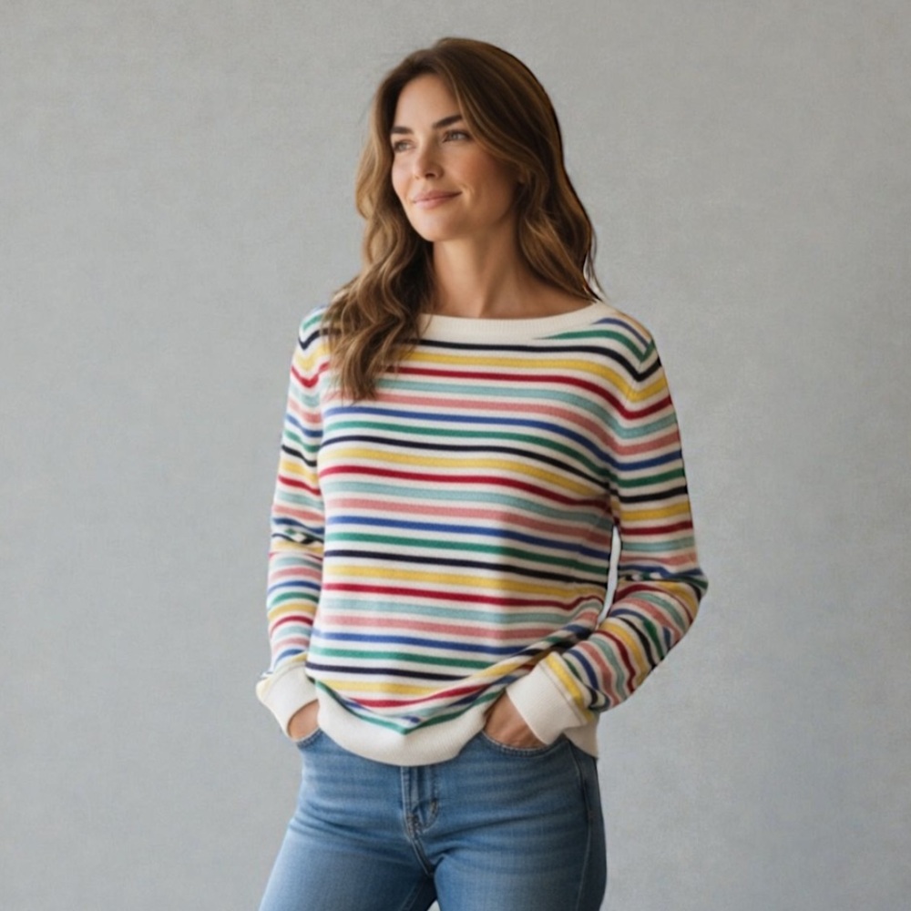 Talbots White Rainbow Striped Sweater Lambswool Blend Medium